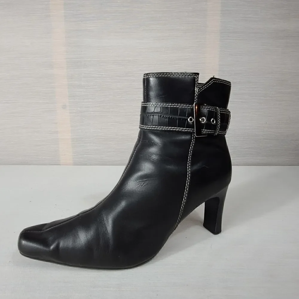 Predictions Black Leather Ankle Heel Boots